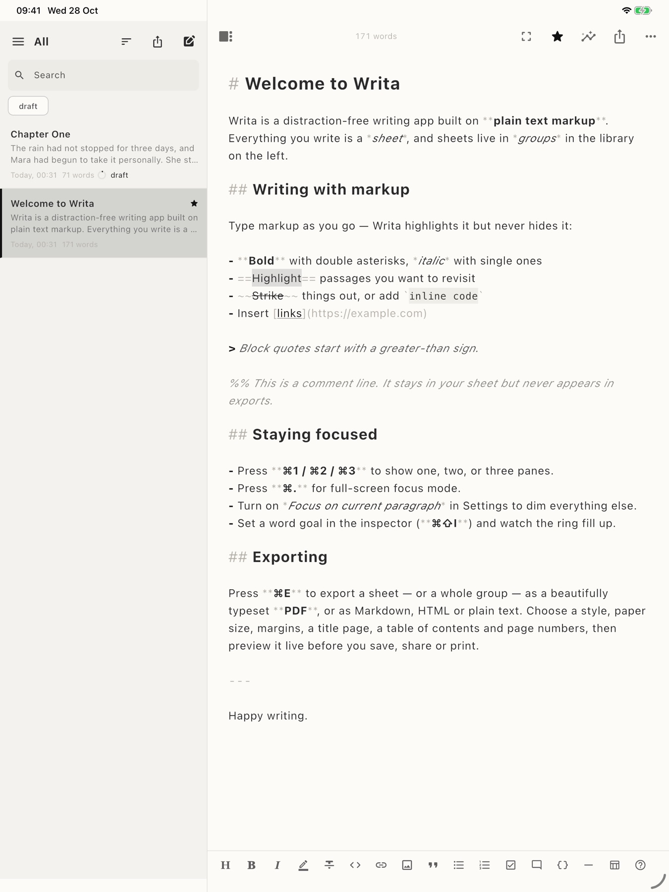 Writa on iPad: the library, sheet list and editor side by side, showing the Welcome to Writa sheet.