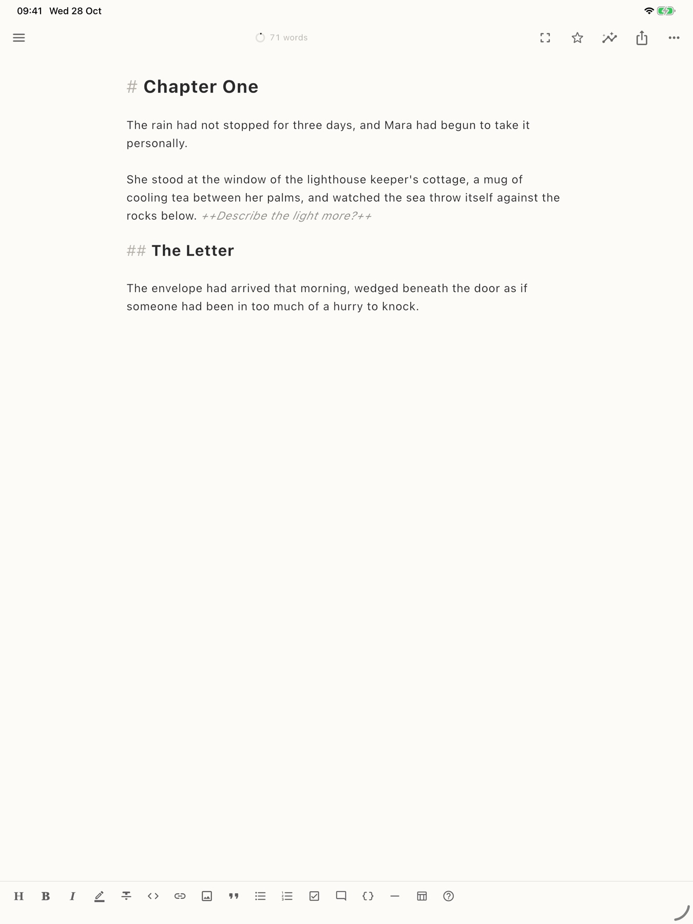 A chapter open in Writa's focus mode on iPad, with only the page visible.