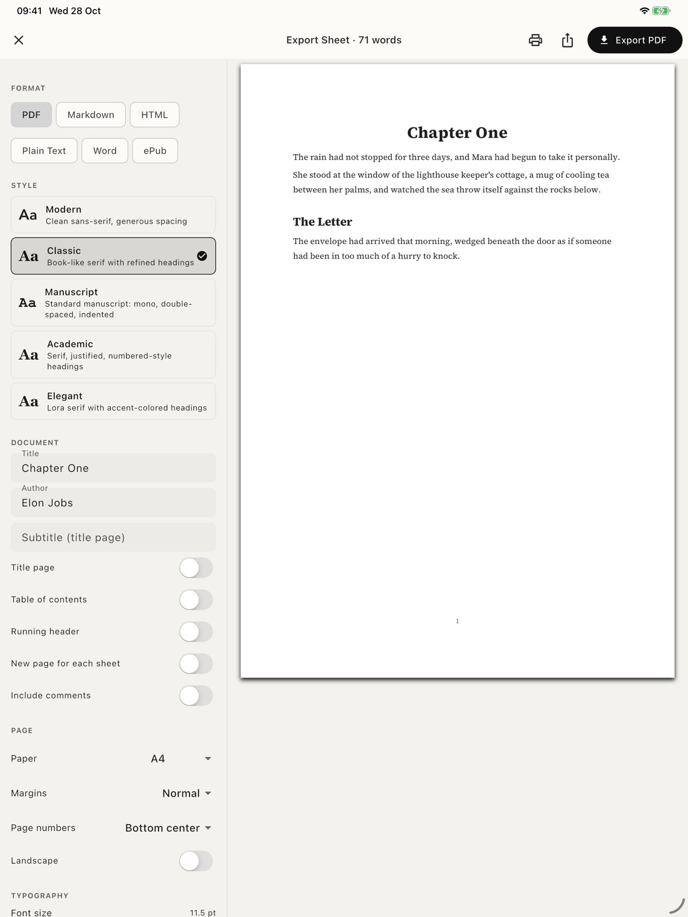 Writa's export screen on iPad with a live PDF preview of a chapter.