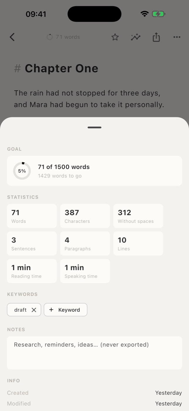 Writa on iPhone: the inspector with word count, reading time and a word goal.
